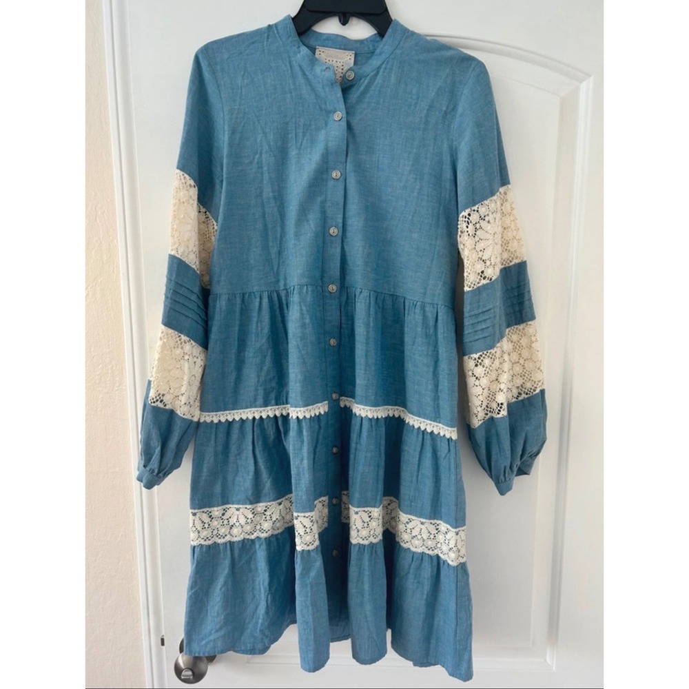 Johnny‎ Was Jade Chambray Tiered Mini Dress with Crochet Lace Panels - Size S